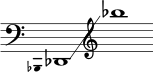 { \new Staff \with { \omit Score.TimeSignature } \key c \major \cadenzaOn \clef bass \omit Stem \grace { bes,,4 } des,1 \glissando \clef treble bes'' }