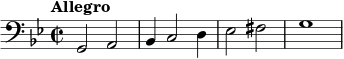  \relative c { \clef bass \time 2/2 \key g \minor \tempo "Allegro" g2 a bes4 c2 d4 es2 fis g1 } 