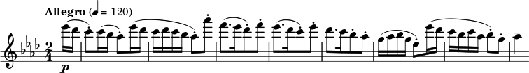  { \new PianoStaff << \new Staff \relative c' { \tempo "Allegro" 4 = 120 \clef treble \key f \minor \time 2/4 \partial 8 es''16[( \p des] c8-.) c16( bes as8-.) es'16( des c des c bes as8-.) as'-. f8.([ es16 des8-.) f-.] es8.([ des16 c8-.) es-.] des8.[ c16 bes8-. as-.] g16( as bes g es8-.) es'16( des c bes c as bes8-.) g-. as4-- } >> } 