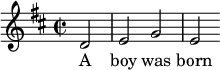 { \set Score.automaticBars = ##f \key d \major \time 2/2 \relative c' {d2 \bar "|" e2 g2 \bar "|" e2} \addlyrics {ولد ولد} }