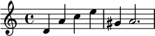 { \relative c' { \time 4/4 d4 a' ce gis, a2. } }