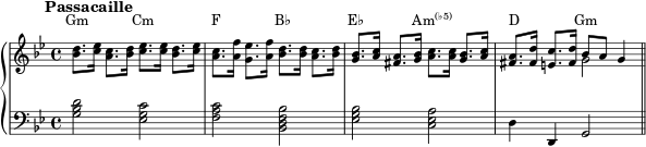 { \new PianoStaff << \new Staff = "chords" << \magnifyStaff #3/4 \new Voice \relative c' { \set Staff.midiInstrument = #"harpsichord" \key g \minor \mark \markup { \abs-fontsize #10 { \bold { Passacaille } } } <bes' d>8. <c ees>16 <a c>8. <bes d>16 <c ees>8. <c ees>16 <bes d>8. <c ees>16 | <أ ج>8. <a f'>16 <g ees'>8. <أ و'>16 <بيس د>8. <بيس د>16 <أ ج>8. <bes د>16 | <ز بيس>8. <أ ج>16 <فيس أ>8. <g bes>16 <a c>8. <أ ج>16 <ز بيس>8. <أ ج>16 | <فيس أ>8. <fis d'>16 <e c'>8. <fis d'>16 bes8 a g4 \bar "||" } \new Voice \relative c' { s1 ss s2 \stemDown g'2 } \new Staff \relative c' { \magnifyStaff #3/4 \set Staff.midiInstrument = #"harpsichord" \key g \minor \clef F <g bes d>2 <ees g c> <fa c> <bes, df bes> <ees g bes> <c ees a> d4 d, g2 } \addlyrics \with { alignAboveContext = "chords" } { \override LyricText.font-size = #-1.5 Gm Cm FB♭ E♭ \markup{\concat{Am\super{(♭5)}}} D _ Gm } >> >> } 