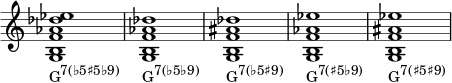 { \override Score.TimeSignature #'stencil = ##f \relative c' { \clef treble \time 4/4 \key c \major \textLengthOn <gb f' aes des es>1_\markup { \concat { "G" \raise #1 \small { "7(♭5♯5♭9)" } } } <gb f' aes des>_\markup { \concat { "G" \raise #1 \small { "7(♭5♭9)" } } } <gb f' aes des>_\markup { \concat { "G" \raise #1 \small { "7(♭5♯9)" } } } <gb f' aes es'>_\markup { \concat { "G" \raise #1 \small { "7(♯5♭9)" } } } <gb f' ais es'>_\markup { \concat { "G" \raise #1 \small { "7(♯5♯9)" } } } } } 