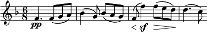  
    \relative c' { \set Score.tempoHideNote = ##t \tempo 8 = 84 \set Staff.midiInstrument = #"violin" \set Score.currentBarNumber = #37 \key f \major \time 6/8 f4.\pp f8( ga) bes4( g8) bes( ag) \override DynamicLineSpanner.staff-padding = #2 f(\< f'4)\sf f8(\> ed)\! d4.( c8) }
