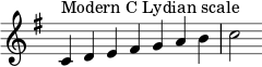 { \key c \lydian \override Score.TimeSignature #'stencil = ##f \relative c' { \clef treble \time 7/4 c4^\markup { مقياس دو ليديان الحديث } de fis gab c2 } } 