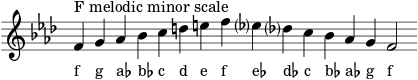 \header { tagline = ##f } scale = \relative f' { \key f \minor \omit Score.TimeSignature f^"F melodic minor scale" g as bes cdef es? des? c bes as g f2 } \score { { << \cadenzaOn \scale \context NoteNames \scale >> } \layout { } \midi { } }
