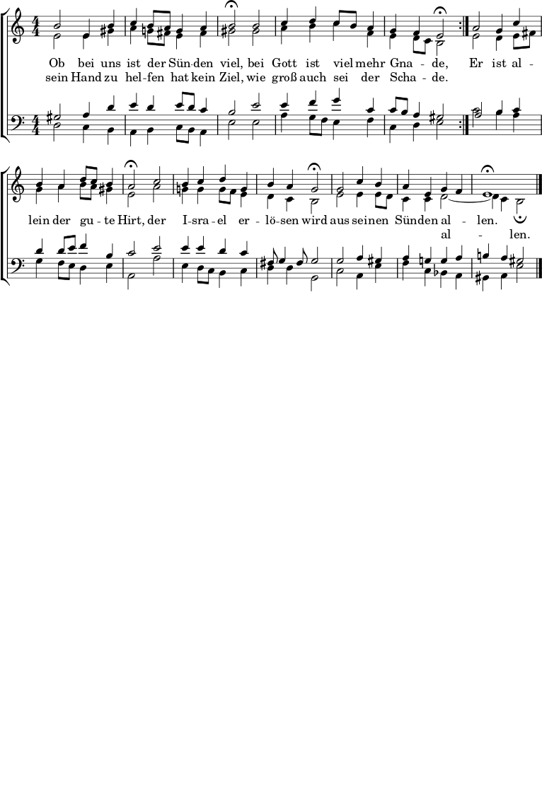  \header { tagline = " " } \layout { indent = 0 \context { \Score \remove "Bar_number_engraver" } } global = { \transposition b \key e \phrygian \numericTimeSignature \time 4/4 \set Score.tempoHideNote = ##t \set Timing.beamExceptions = #'() } \score { \new ChoirStaff << \new Staff << \new Voice = "soprano" { \voiceOne \relative c'' { \global \repeat volta 2 { b2 e,4 b' | c b8 a g4 a | b2\fermata b | c4 d c8 b a4 | gf e2\fermata } | a g4 c | ba d8 c b4 | a2\fermata c | b4 cdg, | ba g2\fermata | g c4 b | aegf | e1\fermata \bar "|." } } \new Voice = "alto" { \voiceTwo \relative c' { \global e2 e4 gis | ag!8 fis e4 fis | gis2 gis | a4 مليار قدم مكعب، | ه د8 ج ب2 | e d4 e8 fis | g4 أ b8 أ gis4 | ه2 أ | ز!4 ز g8 و e4 | العاصمة ب2 | ه ه 4 ه 8 د | c4 ج d2 ~ | d4 c b2\fermata } } >> \new Lyrics \lyricsto "soprano" { << { Ob bei uns ist der _ Sün -- den viel, bei Gott ist viel _ mehr Gna -- _ de, } \new Lyrics { \set AssociatedVoice = "soprano" { sein Hand zu hel -- fen_ hat kein Ziel, wie groß auch sei _ دير شا -- _ دي. } } >> Er ist al -- lein der gu -- _ te Hirt, der I -- sra -- el er -- lö -- sen wird aus sei -- nen Sün -- den al -- _ len. } \كلمات جديدة \lyricsto "alto" { \تخطي 1 \تخطي 1 \تخطي 1 \تخطي 1 \تخطي 1 \تخطي 1 \تخطي 1 \تخطي 1 \تخطي 1 \تخطي 1 \تخطي 1 \تخطي 1 \تخطي 1 \تخطي 1 \تخطي 1 \تخطي 1 \تخطي 1 \تخطي 1 \تخطي 1 \تخطي 1 \تخطي 1 \تخطي 1 \تخطي 1 \تخطي 1 \تخطي 1 \تخطي 1 \تخطي 1 \تخطي 1 \تخطي 1 \تخطي 1 \تخطي 1 \تخطي 1 \تخطي 1 \تخطي 1 \تخطي 1 \تخطي 1 \تخطي 1 \تخطي 1 \تخطي 1 \تخطي 1 \تخطي 1 \تخطي 1 \تخطي 1 آل -- _ لين. } \new Staff << \clef bass \new Voice = "tenor" { \voiceOne \relative c' { \global gis2 a4 d | إد e8 د c4 | ب2 ه | e4 fgc، | c8 ب a4 gis2 | أ ب4 ج | د d8 ه f4 ب، | ج2ه | إي 4 إي دي سي | فيس،8 جي 4 فيس 8 جي 2 | ز a4 نظم المعلومات الجغرافية | حج! جا | ب! a gis2 } } \new Voice = "bass" { \voiceTwo \relative c { \global d2 c4 b | أب c8 ب a4 | ه'2 ه | a4 g8 f e4 f | سي دي e2 | ج' ب4 أ | ز f8 ه d4 ه | أ،2 أ' | ه4 د8 ج ب4 ج | دي دي جي,2 | c a4 e' | fc bes a | gis a e'2 } } >> >> \layout { } } \score { \unfoldRepeats { \new ChoirStaff << \new Staff \with { midiInstrument = "choir aahs" } << \new Voice = "soprano" { \voiceOne \relative c'' { \global \repeat volta 2 { \tempo 4=88 b4.\mf r8 e,8.. r32 b'8.. r32 | c8.. r32 b8 a g8.. r32 a8.. r32 | \tempo 4=68 b4 r \tempo 4=88 b4..\f r16 | c8.. r32 d8.. r32 c8 b a8.. r32 | g8.. r32 f8.. r32 \tempo 4=68 e4 r } | \tempo 4=88 a4.. r16 g8.. r32 c8.. r32 | b8.. r32 a8.. r32 d8 c b8.. r32 | \tempo 4=68 a4 r \tempo 4=88 c4.. r16 | b8.. r32 c8.. r32 d8.. r32 g,8.. r32 | b8.. r32 a8.. r32 \tempo 4=68 g4 r | \tempo 4=88 g4.. r16 c8.. r32 b8.. r32 | a8.. r32 \mf e8.. r32 \mp g8.. r32 \tempo 4=80 f8.. r32 | \tempo 4=66 e1 | r4 } } \new Voice = "alto" { \voiceTwo \relative c' { \global \repeat volta 2 { e4.\mp r8 e8.. r32 gis8.. r32 | a8.. r32 g8 fis e8.. r32 fis8.. r32 | gis4 r gis4..\mf r16 | a8.. r32 b8.. r32 c8.. r32 f,8.. r32 | e8.. r32 d8 c b4 r } | e4.. r16 d8.. r32 e8 fis | g8.. r32 a8.. r32 b8 a gis8.. r32 | e4 r a4.. r16 | g8.. r32 g8.. r32 g8 f e8.. r32 | d8.. r32 c8.. r32 b4 r | e4.. r16 e8.. r32 e8 d | c8.. r32 \mp c8.. r32 d2 ~ | d8.. r32 \tempo 4=46 c8.. r32 b2 | r4 } } >> \new Staff \with { midiInstrument = "choir aahs" } << \clef bass \new Voice = "tenor" { \voiceOne \relative c' { \global \repeat volta 2 { gis4.\mp r8 a8.. r32 d8.. r32 | e8.. r32 d8.. r32 e8 d c8.. r32 | b4 r e4..\mf r16 | e8.. r32 f8.. r32 g8.. r32 c,8.. r32 | c8 b a8.. r32 gis4 r } | a4.. r16 b8.. r32 c8.. r32 | d8.. r32 d8 e f8.. r32 b,8.. r32 | c4 r e4.. r16 | e8.. r32 e8.. r32 d8.. r32 c8.. r32 | fis,8 g8.. r32 fis8 g4 r | g4.. r16 a8.. r32 gis8.. r32 | a8.. r32 g8.. r32 g8.. r32 a8..\fff r32 | b8.. r32 a8.. r32 gis2\mf | r4 } } \new Voice = "bass" { \voiceTwo \relative c { \global \repeat volta 2 { d4.\mp r8 c8.. r32 b8.. r32 | a8.. r32 b8.. r32 c8 b a8.. r32 | e'4 r e4..\mf r16 | a8.. r32 g8 f e8.. r32 f8.. r32 | c8.. r32 d8.. r32 e4 r } | c'4.. r16 b8.. r32 a8.. r32 | g8.. r32 f8 e d8.. r32 e8.. r32 | a,4 r a'4.. r16 | e8.. r32 d8 c b8.. r32 c8.. r32 | d8.. r32 d8.. r32 g,4 r | c4.. r16 a8.. r32 e'8.. r32 | f8.. r32 c8.. r32 \mp bes8.. r32 a8.. r32 | gis8.. r32 a8.. r32 e'2 | r4 } } >> >> } \midi { } }r32 | \tempo 4=68 b4 r \tempo 4=88 b4..\f r16 | c8.. r32 d8.. r32 c8 b a8.. r32 | g8.. r32 f8.. r32 \tempo 4=68 e4 r } | \tempo 4=88 a4.. r16 g8.. r32 c8.. r32 | b8.. r32 a8.. r32 d8 c b8.. r32 | \tempo 4=68 a4 r \tempo 4=88 c4.. r16 | b8.. r32 c8.. r32 d8.. r32 g,8.. r32 | b8.. r32 a8.. r32 \tempo 4=68 g4 r | \tempo 4=88 g4.. r16 c8.. r32 b8.. r32 | a8.. r32 \mf e8.. r32 \mp g8.. r32 \tempo 4=80 f8.. r32 | \tempo 4=66 e1 | r4 } } \new Voice = "alto" { \voiceTwo \relative c' { \global \repeat volta 2 { e4.\mp r8 e8.. r32 gis8.. r32 | a8.. r32 g8 fis e8.. r32 fis8.. r32 | gis4 r gis4..\mf r16 | a8.. r32 b8.. r32 c8.. r32 f,8.. r32 | e8.. r32 d8 c b4 r } | e4.. r16 d8.. r32 e8 fis | g8.. r32 a8.. r32 b8 a gis8.. r32 | e4 r a4.. r16 | g8.. r32 g8.. r32 g8 f e8.. r32 | d8.. r32 c8.. r32 b4 r | e4.. r16 e8.. r32 e8 d | c8.. r32 \mp c8.. r32 d2 ~ | d8.. r32 \tempo 4=46 c8.. r32 b2 | r4 } } >> \new Staff \with { midiInstrument = "choir aahs" } << \clef bass \new Voice = "tenor" { \voiceOne \relative c' { \global \repeat volta 2 { gis4.\mp r8 a8.. r32 d8.. r32 | e8.. r32 d8.. r32 e8 d c8.. r32 | b4 r e4..\mf r16 | e8.. r32 f8.. r32 g8.. r32 c,8.. r32 | c8 b a8.. r32 gis4 r } | a4.. r16 b8.. r32 c8.. r32 | d8.. r32 d8 e f8.. r32 b,8.. r32 | c4 r e4.. r16 | e8.. r32 e8.. r32 d8.. r32 c8.. r32 | fis,8 g8.. r32 fis8 g4 r | g4.. r16 a8.. r32 gis8.. r32 | a8.. r32 g8.. r32 g8.. r32 a8..\fff r32 | b8.. r32 a8.. r32 gis2\mf | r4 } } \new Voice = "bass" { \voiceTwo \relative c { \global \repeat volta 2 { d4.\mp r8 c8.. r32 b8.. r32 | a8.. r32 b8.. r32 c8 b a8.. r32 | e'4 r e4..\mf r16 | a8.. r32 g8 f e8.. r32 f8.. r32 | c8.. r32 d8.. r32 e4 r } | c'4.. r16 b8.. r32 a8.. r32 | g8.. r32 f8 e d8.. r32 e8.. r32 | a,4 r a'4.. r16 | e8.. r32 d8 c b8.. r32 c8.. r32 | d8.. r32 d8.. r32 g,4 r | c4.. r16 a8.. r32 e'8.. r32 | f8.. r32 c8.. r32 \mp bes8.. r32 a8.. r32 | gis8.. r32 a8.. r32 e'2 | r4 } } >> >> } \midi { } }r32 | \tempo 4=68 b4 r \tempo 4=88 b4..\f r16 | c8.. r32 d8.. r32 c8 b a8.. r32 | g8.. r32 f8.. r32 \tempo 4=68 e4 r } | \tempo 4=88 a4.. r16 g8.. r32 c8.. r32 | b8.. r32 a8.. r32 d8 c b8.. r32 | \tempo 4=68 a4 r \tempo 4=88 c4.. r16 | b8.. r32 c8.. r32 d8.. r32 g,8.. r32 | b8.. r32 a8.. r32 \tempo 4=68 g4 r | \tempo 4=88 g4.. r16 c8.. r32 b8.. r32 | a8.. r32 \mf e8.. r32 \mp g8.. r32 \tempo 4=80 f8.. r32 | \tempo 4=66 e1 | r4 } } \new Voice = "alto" { \voiceTwo \relative c' { \global \repeat volta 2 { e4.\mp r8 e8.. r32 gis8.. r32 | a8.. r32 g8 fis e8.. r32 fis8.. r32 | gis4 r gis4..\mf r16 | a8.. r32 b8.. r32 c8.. r32 f,8.. r32 | e8.. r32 d8 c b4 r } | e4.. r16 d8.. r32 e8 fis | g8.. r32 a8.. r32 b8 a gis8.. r32 | e4 r a4.. r16 | g8.. r32 g8.. r32 g8 f e8.. r32 | d8.. r32 c8.. r32 b4 r | e4.. r16 e8.. r32 e8 d | c8.. r32 \mp c8.. r32 d2 ~ | d8.. r32 \tempo 4=46 c8.. r32 b2 | r4 } } >> \new Staff \with { midiInstrument = "choir aahs" } << \clef bass \new Voice = "tenor" { \voiceOne \relative c' { \global \repeat volta 2 { gis4.\mp r8 a8.. r32 d8.. r32 | e8.. r32 d8.. r32 e8 d c8.. r32 | b4 r e4..\mf r16 | e8.. r32 f8.. r32 g8.. r32 c,8.. r32 | c8 b a8.. r32 gis4 r } | a4.. r16 b8.. r32 c8.. r32 | d8.. r32 d8 e f8.. r32 b,8.. r32 | c4 r e4.. r16 | e8.. r32 e8.. r32 d8.. r32 c8.. r32 | fis,8 g8.. r32 fis8 g4 r | g4.. r16 a8.. r32 gis8.. r32 | a8.. r32 g8.. r32 g8.. r32 a8..\fff r32 | b8.. r32 a8.. r32 gis2\mf | r4 } } \new Voice = "bass" { \voiceTwo \relative c { \global \repeat volta 2 { d4.\mp r8 c8.. r32 b8.. r32 | a8.. r32 b8.. r32 c8 b a8.. r32 | e'4 r e4..\mf r16 | a8.. r32 g8 f e8.. r32 f8.. r32 | c8.. r32 d8.. r32 e4 r } | c'4.. r16 b8.. r32 a8.. r32 | g8.. r32 f8 e d8.. r32 e8.. r32 | a,4 r a'4.. r16 | e8.. r32 d8 c b8.. r32 c8.. r32 | d8.. r32 d8.. r32 g,4 r | c4.. r16 a8.. r32 e'8.. r32 | f8.. r32 c8.. r32 \mp bes8.. r32 a8.. r32 | gis8.. r32 a8.. r32 e'2 | r4 } } >> >> } \midi { } }r32 | \tempo 4=66 e1 | r4 } } \new Voice = "alto" { \voiceTwo \relative c' { \global \repeat volta 2 { e4.\mp r8 e8.. r32 gis8.. r32 | a8.. r32 g8 fis e8.. r32 fis8.. r32 | gis4 r gis4..\mf r16 | a8.. r32 b8.. r32 c8.. r32 f,8.. r32 | e8.. r32 d8 c b4 r } | e4.. r16 d8.. r32 e8 fis | g8.. r32 a8.. r32 b8 a gis8.. r32 | e4 r a4.. r16 | g8.. r32 g8.. r32 g8 f e8.. r32 | d8.. r32 c8.. r32 b4 r | e4.. r16 e8.. r32 e8 d | c8.. r32 \mp c8.. r32 d2 ~ | d8.. r32 \tempo 4=46 c8.. r32 b2 | r4 } } >> \new Staff \with { midiInstrument = "choir aahs" } << \clef bass \new Voice = "tenor" { \voiceOne \relative c' { \global \repeat volta 2 { gis4.\mp r8 a8.. r32 d8.. r32 | e8.. r32 d8.. r32 e8 d c8.. r32 | b4 r e4..\mf r16 | e8.. r32 f8.. r32 g8.. r32 c,8.. r32 | c8 b a8.. r32 gis4 r } | a4.. r16 b8.. r32 c8.. r32 | d8.. r32 d8 e f8.. r32 b,8.. r32 | c4 r e4.. r16 | e8.. r32 e8.. r32 d8.. r32 c8.. r32 | fis,8 g8.. r32 fis8 g4 r | g4.. r16 a8.. r32 gis8.. r32 | a8.. r32 g8.. r32 g8.. r32 a8..\fff r32 | b8.. r32 a8.. r32 gis2\mf | r4 } } \new Voice = "bass" { \voiceTwo \relative c { \global \repeat volta 2 { d4.\mp r8 c8.. r32 b8.. r32 | a8.. r32 b8.. r32 c8 b a8.. r32 | e'4 r e4..\mf r16 | a8.. r32 g8 f e8.. r32 f8.. r32 | c8.. r32 d8.. r32 e4 r } | c'4.. r16 b8.. r32 a8.. r32 | g8.. r32 f8 e d8.. r32 e8.. r32 | a,4 r a'4.. r16 | e8.. r32 d8 c b8.. r32 c8.. r32 | d8.. r32 d8.. r32 g,4 r | c4.. r16 a8.. r32 e'8.. r32 | f8.. r32 c8.. r32 \mp bes8.. r32 a8.. r32 | gis8.. r32 a8.. r32 e'2 | r4 } } >> >> } \midi { } }r32 | \tempo 4=66 e1 | r4 } } \new Voice = "alto" { \voiceTwo \relative c' { \global \repeat volta 2 { e4.\mp r8 e8.. r32 gis8.. r32 | a8.. r32 g8 fis e8.. r32 fis8.. r32 | gis4 r gis4..\mf r16 | a8.. r32 b8.. r32 c8.. r32 f,8.. r32 | e8.. r32 d8 c b4 r } | e4.. r16 d8.. r32 e8 fis | g8.. r32 a8.. r32 b8 a gis8.. r32 | e4 r a4.. r16 | g8.. r32 g8.. r32 g8 f e8.. r32 | d8.. r32 c8.. r32 b4 r | e4.. r16 e8.. r32 e8 d | c8.. r32 \mp c8.. r32 d2 ~ | d8.. r32 \tempo 4=46 c8.. r32 b2 | r4 } } >> \new Staff \with { midiInstrument = "choir aahs" } << \clef bass \new Voice = "tenor" { \voiceOne \relative c' { \global \repeat volta 2 { gis4.\mp r8 a8.. r32 d8.. r32 | e8.. r32 d8.. r32 e8 d c8.. r32 | b4 r e4..\mf r16 | e8.. r32 f8.. r32 g8.. r32 c,8.. r32 | c8 b a8.. r32 gis4 r } | a4.. r16 b8.. r32 c8.. r32 | d8.. r32 d8 e f8.. r32 b,8.. r32 | c4 r e4.. r16 | e8.. r32 e8.. r32 d8.. r32 c8.. r32 | fis,8 g8.. r32 fis8 g4 r | g4.. r16 a8.. r32 gis8.. r32 | a8.. r32 g8.. r32 g8.. r32 a8..\fff r32 | b8.. r32 a8.. r32 gis2\mf | r4 } } \new Voice = "bass" { \voiceTwo \relative c { \global \repeat volta 2 { d4.\mp r8 c8.. r32 b8.. r32 | a8.. r32 b8.. r32 c8 b a8.. r32 | e'4 r e4..\mf r16 | a8.. r32 g8 f e8.. r32 f8.. r32 | c8.. r32 d8.. r32 e4 r } | c'4.. r16 b8.. r32 a8.. r32 | g8.. r32 f8 e d8.. r32 e8.. r32 | a,4 r a'4.. r16 | e8.. r32 d8 c b8.. r32 c8.. r32 | d8.. r32 d8.. r32 g,4 r | c4.. r16 a8.. r32 e'8.. r32 | f8.. r32 c8.. r32 \mp bes8.. r32 a8.. r32 | gis8.. r32 a8.. r32 e'2 | r4 } } >> >> } \midi { } }r32 fis8 g4 r | g4.. r16 a8.. r32 gis8.. r32 | a8.. r32 g8.. r32 g8.. r32 a8..\fff r32 | b8.. r32 a8.. r32 gis2\mf | r4 } } \new Voice = "bass" { \voiceTwo \relative c { \global \repeat volta 2 { d4.\mp r8 c8.. r32 b8.. r32 | a8.. r32 b8.. r32 c8 b a8.. r32 | e'4 r e4..\mf r16 | a8.. r32 g8 f e8.. r32 f8.. r32 | c8.. r32 d8.. r32 e4 r } | c'4.. r16 b8.. r32 a8.. r32 | g8.. r32 f8 e d8.. r32 e8.. r32 | a,4 r a'4.. r16 | e8.. r32 d8 c b8.. r32 c8.. r32 | d8.. r32 d8.. r32 g,4 r | c4.. r16 a8.. r32 e'8.. r32 | f8.. r32 c8.. r32 \mp bes8.. r32 a8.. r32 | gis8.. r32 a8.. r32 e'2 | r4 } } >> >> } \midi { } }r32 fis8 g4 r | g4.. r16 a8.. r32 gis8.. r32 | a8.. r32 g8.. r32 g8.. r32 a8..\fff r32 | b8.. r32 a8.. r32 gis2\mf | r4 } } \new Voice = "bass" { \voiceTwo \relative c { \global \repeat volta 2 { d4.\mp r8 c8.. r32 b8.. r32 | a8.. r32 b8.. r32 c8 b a8.. r32 | e'4 r e4..\mf r16 | a8.. r32 g8 f e8.. r32 f8.. r32 | c8.. r32 d8.. r32 e4 r } | c'4.. r16 b8.. r32 a8.. r32 | g8.. r32 f8 e d8.. r32 e8.. r32 | a,4 r a'4.. r16 | e8.. r32 d8 c b8.. r32 c8.. r32 | d8.. r32 d8.. r32 g,4 r | c4.. r16 a8.. r32 e'8.. r32 | f8.. r32 c8.. r32 \mp bes8.. r32 a8.. r32 | gis8.. r32 a8.. r32 e'2 | r4 } } >> >> } \midi { } } 