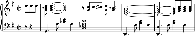  { \new PianoStaff << \new Staff << \relative c'' { \clef treble \key g \major \time 2/2 \partial4. d8 dd <g, bes d>8 <g~ bes~ d~>4. <g bes d>2 r8 <g c> c cis <g d'> <g bes>4. <d~ fis~ a~>1 <d~ fis~ a~>2 <d fis a>8 <fis a c> <fis a c> <fis a c> } >> \new Staff << \relative c { \clef bass \key g \major \time 2/2 \partial4. r8 r4 g4. g'8 <bes d>4 g <c, es g c>1 d,4. fis'8 <a c>4 fis <d, d'>4. fis'8 <a c>4 fis } >> >> } 