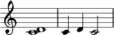 { \omit Score.TimeSignature \relative c' { \time 4/4 \set Score.tempoHideNote = ##t \tempo 4 = 90 <c d>1 | c4 d c2 } }