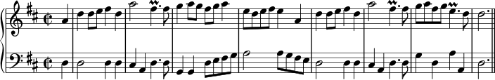  \header { tagline = ##f } Upper = \relative c'' { \set Staff.midiInstrument = "trumpet" \clef treble \key d \major \time 2/2 \tempo 2 = 65 \partial 4 a4 d d8 e fis4 d a'2 fis4.\prall fis8 g4 a8 g fis g a4 e8 de fis e4 a, d d8 e fis4 d a'2 fis4.\prall fis8 ga fis g e4.\prall d8 d2. \شريط "||" } Lower = \relative c { \set Staff.midiInstrument = "جهاز الكنيسة" \clef bass \key d \major \partial 4 d4 d2 d4 d cis a d4. d8 g,4 g d'8 e fis g a2 a8 g fis e d2 d4 d cis a d4. d8 g4 d a' a, d2. } \score { \new PianoStaff << \new Staff = "upper" \upper \new Staff = "lower" \lower >> \layout { \context { \Score \remove "Metronome_mark_engraver" } } } 