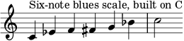  { \override Score.TimeSignature #'stencil = ##f \relative c' { \clef treble \time 6/4 c4^\markup { "Six-note blues scale, built on C" } es f fis g bes c2 } } 