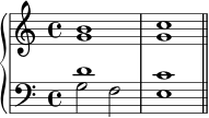  \new PianoStaff << \new Staff << \new Voice \relative c'' { \stemUp \clef treble \key c \major \time 4/4 b1 c1 } \new Voice \relative c'' { \stemDown g1 g1 } >> \new Staff << \new Voice \relative c' { \stemUp \clef bass \key c \major \time 4/4 d1 c1 } \new Voice \relative c' { \stemDown g2 f e1 \bar "||" } >> >> 