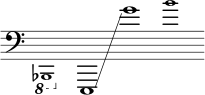 { \new Staff \with { \remove "Time_signature_engraver" } \clef bass \key c \major \cadenzaOn \ottava #-1 \tweak font-size #-2 bes,,,1 \ottava #0 e,,1 \glissando g'1 \tweak font-size #-2 b'1 }