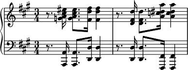 { \new PianoStaff << \new Staff << \relative c'' { \clef treble \key fis \minor \time 3/4 r8. <ga cis eis>16 <ga cis eis>8. <fis d' fis>16 <fis d' fis>4 r8. <d fis d'>16 <d fis d'>8. <a' c dis a'>16 <ac dis a'>4 } >> \new Staff << \new Voice \relative c, { \clef bass \key fis \minor \time 3/4 r8. <a a'>16 <a a'>8. <d d'>16 <d d'>4 r8. <d d'>16 <d d'>8. <fis, fis'>16 <fis fis'>4 } >> >> }