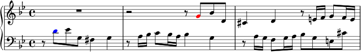 \new PianoStaff << \new Staff \fixed c' { \key g \minor R1 | r2 r8 \once \override NoteHead.color = #blue g bes d | cis4 d r8 e16 f g8 f16 e | } \new Staff { \clef bass \key g \minor r8 \once \override NoteHead.color = #red d' ees' g fis4 g | r8 a16 bes c'8 bes16 a bes4 g | r8 a16 g f8 g16 a bes8 ge cis' | } >>