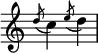 { \override Score.TimeSignature #'stencil = ##f \relative c'' { \time 2/4 \slashedGrace { d8( } c4) \slashedGrace { e8( } d4) } }
