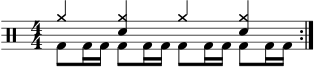 \version "2.22.0" \header { tagline = ##f} \score { \drums \with {midiInstrument = "drums"} \with { \numericTimeSignature } { \repeat volta 2 { <<{cymra4 <cymra sne> cymra <cymra sne>}\\{bd8 bd16 bd16 bd8 bd16 bd16 bd16 bd16 bd8 bd16 bd16}>>\break } } \layout {} } \score { \unfoldRepeats { \drums \with {midiInstrument = "drums"}{ \repeat volta 2 { <<{cymra4 <cymra sne> cymra <cymra sne>}\\{bd8 bd16 bd16 bd8 bd16 bd16 bd8 bd16 bd16 bd8 bd16 bd16}>>\break } } } \midi { \tempo 4 = 120 } }