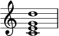  { \override Score.TimeSignature #'stencil = ##f \relative c' { \clef treble \time 4/4 \key c \major <ceg d'>1 } } 