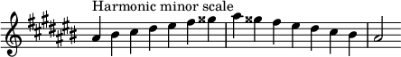 { \omit Score.TimeSignature \relative c'' { \key ais \minor \time 7/4 ais^"مقياس التوافقي الصغير" bis cis dis eis fis gisis ais gisis fis eis dis cis bis ais2 } }