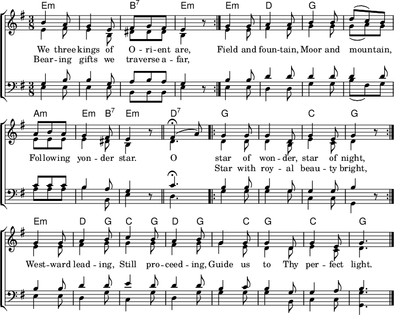 
\header { tagline = ##f } \layout { indent = 0 \set Score.tempoHideNote = ##t \context { \Score \remove "Bar_number_engraver" } \context { \Voice \consists "Melody_engraver" } } global = { \key e \minor \time 3/8 } chordNames = \chordmode { \global \set midiInstrument = #"acoustic guitar (steel)" \repeat volta 2 { e4.:m\p | e:m | b:7 | e:m } \once \set chordChanges = ##fe:m | d | g | g | a:m | e4:m b8:7 | e4.:m \bar "||" d:7 | \repeat volta 2 { g | g | c | g | } e:m | د4 ز8 | c4 g8 | د4 ز8 | g4 c8 | g4. | ج | g \bar "|." } سوبرانو = \relative c'' { \global \set midiInstrument = #"trumpet" \tempo 4=100 \repeat volta 2 { b4 a8 | g4 e8 | فيس ز فيس | e4 r8 | } g4 g8 | a4 a8 | ب4 ب8 | د (ج) ب | ابا | g4 fis8 | e4 r8 \bar "||" \الإيقاع 4=45 fis4\fermata (\الإيقاع 4=24 a8) | \الإيقاع 4=100 \تكرار فولتا 2 { g4 g8 | g4 d8 | g4 e8 | g4 r8 | } g4 g8 | a4 b8 | ج4 ب8 | a4 b8 | g4 g8 | g4 d8 | g4 e8 | g4. \bar "|." } alto = \relative c' { \global \set midiInstrument = #"trumpet" \repeat volta 2 { e4 fis8 | e4 b8 | dis dis dis | b4 r8 | } e4 e8 | fis4 fis8 | g4 g8 | g (a) g | eee |e4 dis8 | b4 r8 \bar "||" d4. | \repeat volta 2 { d4 d8 | d4 b8 |e4 c8 | d4 r8 | } e4 e8 |fis4 g8 | g4 g8 | fis4 g8 | g4 e8 | d4 d8 | e4 c8 | d4. \bar "|." } Tenor = \relative c' { \global \set midiInstrument = #"القرن الفرنسي" \repeat volta 2 { g4 b8 | ب4 ز8 | ابا | g4 r8 | } ب4 ب8 |د4 د8 | د4 د8 | د4 د8 | سي سي سي | b4 a8 g4 r8 \bar "||" c4.\فرماتا | \ كرر فولتا 2 { ب4 ب8 | ب4 ز8 | g4 g8 | ب4 ص8 | } ب4 ب8 |د4 د8 | e4 d8 |d4 d8 | ب4 ج8 | ب4 ز8 | g4 a8 | ب4. \شريط "|." } bass = \relative c { \global \set midiInstrument = #"القرن الفرنسي" \repeat volta 2 { e4 e8 | e4 e8 | ب ب | e4 r8 | } e4 e8 |d4 d8 | g4 g8 | b (fis) g | aaa | b4 b,8 | e4 r8 \bar "||" d4. | \repeat volta 2 { g4 g8 | g4 g8 | c,4 c8 | g4 r8 | } e'4 e8 | d4 g8 | c,4 g'8 | d4 g8 | g4 g8 | g4 b,8 | c4 c8 | <g g'>4. \bar "|." } verse = \lyricmode { نحن ملوك O -- ri -- ent الثلاثة، الحقل والنبع، المور والجبل، يتبعون ذلك النجم. يا نجم العجائب، نجم الليل، يقودك نحو الغرب، ما زلت مستمرًا، أرشدنا إلى نورك الكامل. } verseR = \lyricmode { % هذه طريقة رهيبة لتنسيق الكلمات. Bear -- ing gifts we tra -- verse a -- far, "" "" "" "" "" "" "" "" "" "" "" "" "" "" "" "" "" "" "" "" "" "" "" نجمة مع روي -- آل بيو -- تاي برايت،} chordsPart = \new ChordNames { \set chordChanges = ##t \chordNames } choirPart = \new ChoirStaff << \new Staff \with { \consists "Merge_rests_engraver" } << \new Voice = "soprano" { \voiceOne \soprano } \new Voice = "alto" { \voiceTwo \alto } >> \new Lyrics \lyricsto "soprano" \verse \new Lyrics \lyricsto "soprano" \verseR \new Staff \with { \consists "Merge_rests_engraver" } << \clef bass \new Voice = "tenor" { \voiceOne \tenor } \new Voice = "bass" { \voiceTwo \bass } >> >> \score { << \chordsPart \choirPart >> \layout { } } \score { \unfoldRepeats { << \chordsPart \\ \soprano \alto \\ \tenor \bass >> } \midi { \context { \Score midiChannelMapping = #'instrument } \context { \Staff \remove "Staff_performer" } \context { \Voice \consists "Staff_performer" } }
