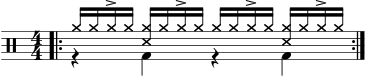 \version "2.22.0" \header { tagline = ##f} \score { \drums \with {midiInstrument = "drums"} \with { \numericTimeSignature } { \repeat volta 2 { << { \time 4/4 cymra16 cymra cymra-> cymra <cymra ss> cymra cymra-> cymra cymra cymra cymra-> cymra <cymra ss> cymra cymra-> cymra }\\{r4 bd r4 bd} \bar ":|.S.|:-S" >>\break } } \layout {} } \score { \unfoldRepeats { \drums \with {midiInstrument = "drums"}{ \ كرر فولتا 2 { << { \time 4/4 cymra16 cymra cymra-> cymra <cymra ss> cymra cymra-> cymra cymra cymra cymra-> cymra <cymra ss> cymra cymra-> cymra }\\{r4 bd r4 bd} \bar ":|.S.|:-S" >>\break } } } \midi { \tempo 4 = 80 } }