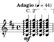  \relative c \new Staff { \key b \minor \time 4/4 \clef "treble_8" \set Staff.midiInstrument = "acoustic guitar (nylon)" \tempo "Adagio" 4 = 44 \override TextSpanner #'dash-fraction = #'() \override TextSpanner #'font-shape = #'upright \override TextSpanner #'(bound-details left text) = \markup { "C. 2ª" } \override TextSpanner #'(bound-details right text) = \markup { \draw-line #'(0 . -2) } \override TextSpanner #'(bound-details right padding) = #-3 \override TextSpanner #'(bound-details left stencil-align-dir-y) = #0.8 \stemUp <b fis' bd fis b>4\mf\arpeggio \startTextSpan q\arpeggio q\arpeggio q\arpeggio \stopTextSpan | } 