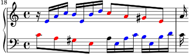  { \new PianoStaff << \new Staff << \relative c' { \clef treble \key a \minor \time 4/4 \set Score.currentBarNumber = #18 \bar "" r16 \override NoteHead.color = #red eacbe, b' d \override NoteHead.color = #blue c8 a gis e \override NoteHead.color = #black a16 } >> \new Staff << \relative c' { \clef bass \key a \minor \time 4/4 \override NoteHead.color = #blue c8 a gis e \override NoteHead.color = #black a16 \override NoteHead.color = #red eacbe, b' d \override NoteHead.color = #black c } >> >> } 