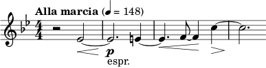 \relative c' { \clef treble \key g \minor \numericTimeSignature \time 4/4 \tempo "Alla marcia" 4 = 148 r2 ees~(\< | ees2.\!\p_"espr." e4~ | e4.\< f8~ f4\! c'4~\> | c2.\! }