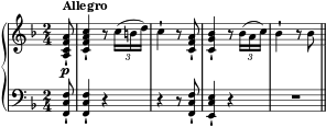 { #(set-global-staff-size 14) \time 2/4 \new PianoStaff << \new Staff { \relative c' { \key f \major \partial 8 <a cf a>8_!\p^\markup{ \bold "Allegro" } | <cfa c>4_! r8 \tuplet 3/2 8 { c'16( bd) } c4-! r8 <c, f a>_! <c g' bes>4_! r8 \tuplet 3/2 { bes'16( ac) } bes4-! r8 bes \bar "||" } } \new Staff { \relative c, { \key f \major \clef "bass" \partial 8 <f c' f>8_! | <f c' f>4_! rr r8 <f c' f>8_! <e c' e>4_! r \compressEmptyMeasures R1*2/4 \bar "||" } } >> }