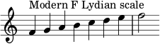 { \override Score.TimeSignature #'stencil = ##f \relative c' { \clef treble \time 7/4 f4^\markup { مقياس ليديان فا الحديث } gabcde f2 } } 