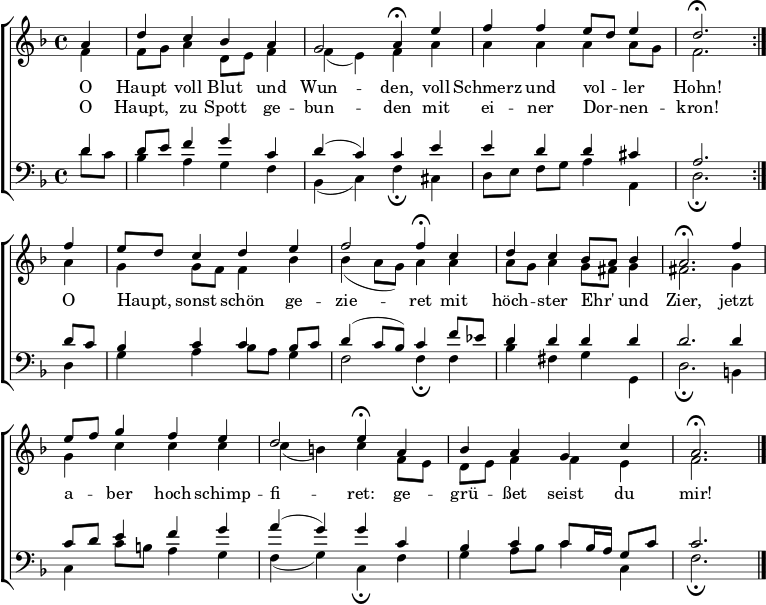  \header { tagline = ##f } \layout { indent = 0\cm \context { \Score \remove "Bar_number_engraver" } \context { \Voice \remove "Dynamic_engraver" } } global = { \time 4/4 \partial 4 \key d \minor } verse = \lyricmode { O Haupt voll Blut und Wun -- den، voll Schmerz und vol - ler Hohn! يا هاوبت، Sonst schön ge -- zie -- ret mit höch -- ster Ehr' und Zier، jetzt a -- ber hoch schimp -- fi -- ret: ge -- grü -- ßet seist du mir! } verseR = \lyricmode { O Haupt, zu Spott ge -- Bun -- den mit ei -- ner Dor -- nen -- kron! } soprano = \relative c'' { \global \autoBeamOff \set Score.tempoHideNote = ##t \set Staff.midiPanPosition = -0.5 \set midiInstrument = "choir aahs" %"violin" \repeat volta 2 { a4 | العاصمة يكون | g2 \tempo 4=28 a4 \fermata \tempo 4=72 e'4 | وما يليها e8 [د] e4 | د2. \fermata } \break f4 | e8 [د] c4 دي | f2 \ الإيقاع 4 = 28 f4 \ فيرماتا \ الإيقاع 4 = 72 ج | d4 ج bes8 [أ] bes4 | a2.\fermata f'4 | e8 [f] g4 fe | d2 \tempo 4=28 e4\fermata \tempo 4=72 a, | بيس4 ايه جي سي | a2.\fermata \bar "|." } alto = \relative c'{ \global \set Staff.midiPanPosition = 0.5 \set midiInstrument = "choir aahs" %"violin" \repeat volta 2 { f4\p | f8 جرام a4 د،8 ه f4 | و (ه) و | aaa a8 جرام | f2. } a4 | ز g8 و f4 بيس | بس (a8 ز) a4 أ | a8 ز a4 g8 فيس g4 | fis2. g4 | دول مجلس التعاون الخليجي | ج (ب) ج و،٨ ه | دي f4 الحديد | f2. \شريط "|." } tenor = \relative c' { \global \set Staff.midiPanPosition = -1 \set midiInstrument = "choir aahs" %"viola" \repeat volta 2 { d4 | d8 e f4 gc, | d (c) c e | edd cis | a2. } d8 c | bes4 cc bes8 c | d4 (c8 bes) c4 f8 ees | d4 ddd | d2. d4 | c8 d e4 fg | a (g) g c, | bes4 c c8 bes16 a g8 c | c2. \bar "|." } bass = \relative c' { \global \set Staff.midiPanPosition = 1 \set midiInstrument = "choir aahs" %"cello" \repeat volta 2 { d8\pc | bes4 agf | ب، (ج) و \fermata رابطة الدول المستقلة | d8 [e] f [g] a4 a، | d2.\fermata } d4 | الجا bes8 إلى g4 | f2 f4\fermata f | بس فيس زز، | d'2.\fermata b4 | ج ج'8 ب a4 ز | و (ز) ج،\فيرماتا و | ز a8 بس c4 ج، | f2.\fermata \bar "|.} \score { \new ChoirStaff << \new Staff = "female" << \new Voice = "Soprano" { \voiceOne \soprano } \addlyrics \verse \addlyrics \verseR \new Voice = "Alto" { \voiceTwo \alto } >> \new Staff = "male" << \clef bass \new Voice = "Tenor" { \voiceOne \tenor } \new Voice = "Bass" { \voiceTwo \bass } >> >> \layout { } } \score { \unfoldRepeats { << \soprano \\ \alto \\ \tenor \\ \bass >> } \midi { \tempo 4=72 \context { \Score midiChannelMapping = #'instrument } \context { \Staff \remove "Staff_performer" } \context { \Voice \consists "Staff_performer" } } }