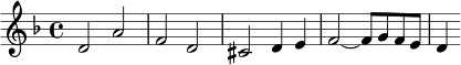  \relative c'' { \set Staff.midiInstrument = #"church organ" \clef treble \key d \minor \time 4/4 d,2 a' | fd | cis d4 e | f2~ f8 gfe | d4 } 