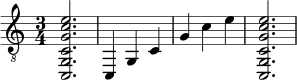 { \clef "treble_8" \time 3/4 <c, g, cg c' e'>2. <c, >4 <g, >4 <c >4 <g >4 <c' >4 <e' >4 <c, g, cg c' e'>2. } 