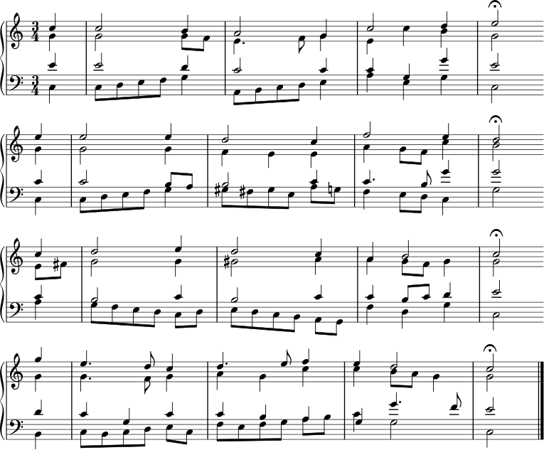  { \new PianoStaff << \set Score.tempoHideNote = ##t \override Score.BarNumber #'transparent = ##t \new Staff << \new Voice \relative c'' {\set Staff.midiInstrument = #"church organ" \tempo 4 = 104 \voiceOne \clef treble \key c \major \time 3/4 \partial 4 c4 | c2 b4 | a2 g4 | c2 d4 | e2\fermata \bar"" \break e4 | e2 e4 | d2 c4 | f2 e4 | d2\fermata \bar"" \break c4 | d2 e4 | d2 c4 | a4 b2 | c2\fermata \bar"" \break g'4 | e4. d8 c4 | d4. e8 f4 | e4 d2 | c2\fermata \bar "|." } \new Voice \relative c'' { \voiceTwo g4 | g2 g8 f | e4. f8 g4 | e c' b | g2 g4 | g2 g4 | fee | a4 g8 f c'4 | b2 e,8 fis | g2 g4 | gis2 a4 | a g8 f g4 | g2 g4 | g4. f8 g4 | agc | c b8 a g4 | g2 } >> \new Staff << \new Voice \relative c' {\set Staff.midiInstrument = #"church organ" \clef bass \key c \major \time 3/4 \voiceOne e4 | e2 d4 | c2 c4 | cg g' | e2 c4 | c2 b8 a | b2 c4 | c4. b8 g'4 | g2 c,4 | b2 c4 | b2 c4 | c4 b8 c d4 | e2 d4 | cgc | cba | g g'4. f8 | e2 } \new Voice \relative c { \voiceTwo c4 | c8 def g4 | a,8 bcd e4 | aeg | c,2 c4 | c8 def g4 | gis8[ fis gis e] ag | f4 e8 d c4 | g'2 a4 | g8[ fed] cd | e[ dcb] ag | f'4 dg | c,2 b4 | c8[ bcd] ec | f[ efg] ab | c4 g2 | c,2 } >> >> } 