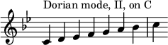 { \key c \dorian \override Score.TimeSignature #'stencil = ##f \relative c' { \clef treble \time 7/4 c4^\markup { وضع دوريان، II، على C } d es fga bes c } }