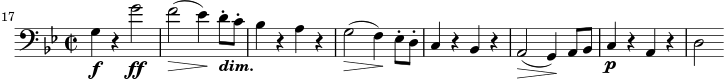  \relative c' { \set Score.tempoHideNote = ##t \tempo 2 = 72 \set Staff.midiInstrument = #"cello" \set Score.currentBarNumber = #17 \key g \minor \time 2/2 \clef bass g4\fr g'2\ff f(\> es4)\! d8-._\markup { \bold \italic "dim." } c-. bes4 rar g2(\> f4)\! es8-. d-. c4 r bes r a2(\> g4)\! a8 bes c4\prar d2 } 