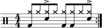 \version "2.22.0" \header { tagline = ##f} \score { \drums \with {midiInstrument = "drums"} \with { \numericTimeSignature } { \repeat volta 2 { \stemUp <cymra bd>8 cymra <cymra sne>^> cymra <cymra bd> <cymra bd> cymra <cymra sne>^>\break } } \layout {} } \score { \unfoldRepeats { \drums \with {midiInstrument = "drums"}{ \repeat volta 2 { \stemUp <cymra bd>8 cymra <cymra sne>^> cymra <cymra bd> <cymra bd> cymra <cymra سني>^>\استراحة } } } \midi { \tempo 4 = 120 } }