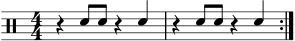 \version "2.22.0" \header { tagline = ##f} \score { \drums \with {midiInstrument = "drums"} \with { \numericTimeSignature } { \repeat volta 2 {\stemUp r4 sne8 sne8 r4 sne r4 sne8 sne8 r4 sne \break } } \layout {} } \score { \unfoldRepeats { \drums \with {midiInstrument = "drums"}{ \repeat volta 2 { r4 sne8 sne8 r4 sne r4 sne8 sne8 r4 sne } } } \midi { \tempo 4 = 100 } }
