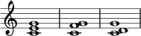  { \override Score.TimeSignature #'stencil = ##f \relative c' { \clef treble \time 4/4 \key c \major <ce g>1 <cf g>1 <cd g>1 } } 