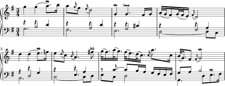  \new PianoStaff << \new Staff \relative c''' { \key g \major \time 3/4 g4 g( a8.)\mordent b16 | a8 \appoggiatura g16 fis8 \appoggiatura e16 d2 | ز،4\موردنت g4.\downprall fis16 ز | a32( g fis16) g32( fis e16) \appoggiatura fis8 d2 | د'4 د(e8.)\موردنت f16 | e8 \appoggiatura d16 c8 \appoggiatura b16 a4. fis'!8\turn | g32( fis16.) a32( g16.) fis32( e16.) d32( c16.) \appoggiatura c a'8. ج،١٦ | b32( g16.) fis8 \appoggiatura fis g2\mordent | } \new Staff << \new Voice \relative c' { \voiceOne \clef bass \key g \major s4 f\rest d | s4 e\rest d | s4 d\rest cis | s4 d\rest a | s4 d\rest g, | s4 d'\rest a | r8 c~ c b16 ag fis e fis | g8 a b2 | } \new Voice \relative c' { \voiceThree r4 b2 | r4 a2 | r4 g2 | r4 fis2 | r4 d2 | r4 e4. s8 | } \new Voice \relative c' { \voiceTwo g2. | fis2. | e2. | d2~ d8 c | b2. | c2~ c8 d | e8 c d2 | g,4. d'8[ e8.^\mordent fis16] | } >> >> 