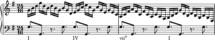 
    { #(set-global-staff-size 14) \override Score.SpacingSpanner.strict-note-spacing = ##t \set Score.proportionalNotationDuration = #(ly:make-moment 1/2) \new PianoStaff << \new Staff << \relative c'' { \clef treble \key g \major \time 24/16 g16 bdgdbdbgbgd egcecgcgegec ac fis a fis c fis caca fis gbdgdbdbgbgd } >> \new Staff << \relative c' { \clef bass \key g \major \time 24/16 g8.[_\markup { \concat { "I" \hspace #20.5 "IV" \hspace #19.5 "vii" \raise #1 \small "o" \hspace #19.5 "أنا" } } g,] r g' g[ g,] r g' g[ g,] r g' g[ g,] r g' } >> >> }
