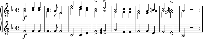 { \new PianoStaff << \new Staff \relative c' { \key f \major << { \voiceOne { c'2 \f d4 d c4. a8 f2 f'2 e4 d c2-> d-> bes c4 c a2 a4 b c2 b-> a }} \new Voice { \voiceTwo { a2 bes4 bes a4. a8 f2 d'2 c4 bes a2 a g2 g4 g f2 f4 a a2 gis a \notemode {b2 \rest} \bar ":|." }} >> } \new Staff \relative c'{ \key f \major f2 \f f4 f f4. f8 f2 bes,2 bes4 d f2-> fis-> g2 e4 e f2 f4 d e2 e2-> a,2 r2 } >> }