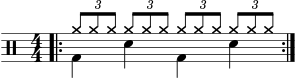 \version "2.22.0" \header { tagline = ##f} \score { \drums \with {midiInstrument = "drums"} \with { \numericTimeSignature } { \repeat volta 2 { <<{\bar ".|:" \tuplet 3/2 {cymra8 cymra cymra} \tuplet 3/2 {cymra cymra cymra} \tuplet 3/2 {cymra cymra cymra} \tuplet 3/2 {cymra cymra cymra}}\\{bd4 sne bd sne }>>\break } } \layout {} } \score { \unfoldRepeats { \drums \with {midiInstrument = "drums"}{ \repeat volta 2 { <<{\tuplet 3/2 {cymra8 cymra cymra} \tuplet 3/2 {cymra cymra cymra} \tuplet 3/2 {cymra cymra cymra} \tuplet 3/2 {cymra cymra cymra}}\\{bd4 sne bd sne }>>\break } } } \midi { \tempo 4 = 90 } }