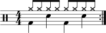 \new Staff << \new voice \relative c' { \clef percussion \numericTimeSignature \time 4/4 \set Score.tempoHideNote = ##t \tempo 4 = 100 \stemDown \repeat volta 2 { g4 d' g, d' } } \new voice \relative c'' { \override NoteHead.style = #'cross \stemUp \repeat volta 2 { a8 aaaaaaa } } >>