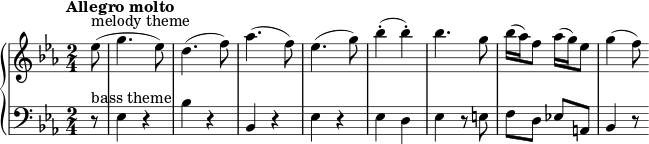  \new PianoStaff << \new Staff = "upper" \relative c'' { \clef treble \key es \major \time 2/4 \tempo "Allegro molto" \tempo 2 = 76 \partial 8 ees8(^\markup {melody theme} g4.ees8) d4.( f8) aes4.( f8) ees4. ( g8) bes4-.( bes-.) bes4. g8 bes16( aes) f8 aes16( g) ees8 g4( f8) } \new Staff = "lower" \relative c { \clef bass \key ees \major \time 2/4 \tempo "Allegro molto" \tempo 2 = 76 \جزئي 8 r8 ^\markup {bass theme} ees4 r bes' r bes, r ees r ees d ees r8 إي إف دي! أ، bes4 r8 } >> 