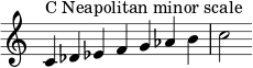 { \override Score.TimeSignature #'stencil = ##f \relative c' { \clef treble \time 7/4 c4^\markup { سلم نابولي الصغير C } des es fg aes b c2 } } 