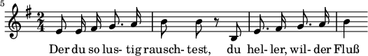 
{ \new Staff << \relative c' {\set Staff.midiInstrument = #"clarinet" \tempo 4 = 45 \set Score.tempoHideNote = ##t \key e \minor \time 2/4 \autoBeamOff \set Score.currentBarNumber = #5 \set Score.barNumberVisibility = #all-bar-numbers-visible \bar "" e8 e16 fis g8. a16 | b8 b r8 b, | e8. fis16 g8. a16 | b4 } \addlyrics { أنت جميل جدًا، أنت تضحك كثيرًا، أنت تضحك كثيرًا } >> }