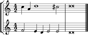  { << \new StaffGroup << \new Staff << \set Staff.midiInstrument = #"voice oohs" \clef treble \time 4/2 \relative c'' { \clef treble \time 4/2 c4 a d1 cis2 d\breve } >> \new Staff << \set Staff.midiInstrument = #"voice oohs" \clef treble \time 4/2 \new Voice \relative c' { f2 e4 d e2 ed\breve \bar "|." } >> >> >> } 