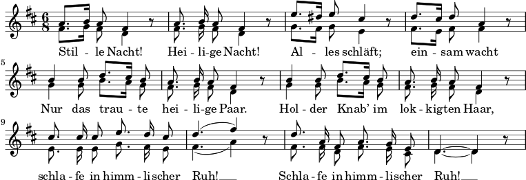  << \new Staff << \new Voice="melody" \relative c'' { \set Staff.midiInstrument = #"acoustic guitar (nylon)" \autoBeamOff \tempo 4 = 60 \set Score.tempoHideNote = ##t \voiceOne \language "deutsch" \key d \major \time 6/8 a8. [ h16 ] a8 fis4 h8\rest a8. h16 a8 fis4 h8\rest e8. [ dis16 ] e8 cis4 h8\rest d8. [ cis16 ] d8 a4 h8\rest h4 h8 d8. [ cis16 ] h8 a8. h16 a8 fis4 h8\rest h4 h8 d8. [ cis16 ] h8 a8. h16 a8 fis4 h8\rest cis8. رابطة الدول المستقلة 16 رابطة الدول المستقلة 8 e8. d16 رابطة الدول المستقلة8 d4. ( fis4 ) ح،8\الراحة d8. a16 fis8 a8. g16 e8 d4.~ d4 h'8\rest } \new Voice \relative c' { \voiceTwo \autoBeamOff %\omit "Rest_engraver" fis8. [ g16 ] fis8 d4 s8 fis8. g16 fis8 d4 s8 g8. [fis16] g8 e4 s8 fis8. [ e16 ] fis8 fis4 s8 g4 g8 h8. [a16] g8 fis8. g16 fis8 d4 s8 g4 g8 h8. [a16] g8 fis8. g16 fis8 d4 s8 e8. e16 e8 g8. fis16 e8 fis4. (a4) s8 fis8. fis16 d8 fis8. e16 cis8 d4.~ d4 } >> \new Lyrics \lyricsto "melody" { Stil -- le Nacht! هاي -- لي -- جي ناخت! آل -- ليه شلفت. ein -- sam wacht Nur das trau -- te hei -- li -- ge Paar. Hol -- der Knab' im lok -- kig -- Ten Haar, schla -- fe in Himm -- li -- scher Ruh! __ Schla -- fe in Himm -- li -- scher Ruh ! __ } >> 