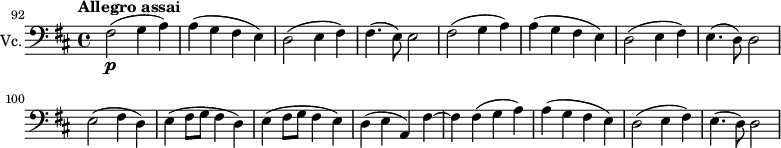 
\new Score { \new Staff { \relative c { \set Staff.instrumentName = #"Vc." \set Staff.midiInstrument = #"cello" \set Score.currentBarNumber = #92 \time 4/4 \key d \major \clef bass \tempo "Allegro assai" 2 = 60 \set Score.tempoHideNote=##t \ شريط "" fis2\p(g4 a) | a4(ز فيس ه) | d2(e4 fis) | fis4.(e8)e2 | fis2(g4 أ) | a4(ز فيس ه) | d2(e4 fis) | ه4.(د8)د2 | \كسر ه(fis4 د) | ه(fis8 ز fis4 د) | ه(fis8 ز fis4 ه) | د (عصا،) فيس'~ | فيس فيس (جا) | أ(ز فيس ه) | d2(e4 fis) | e4.( d8) d2 } } }

